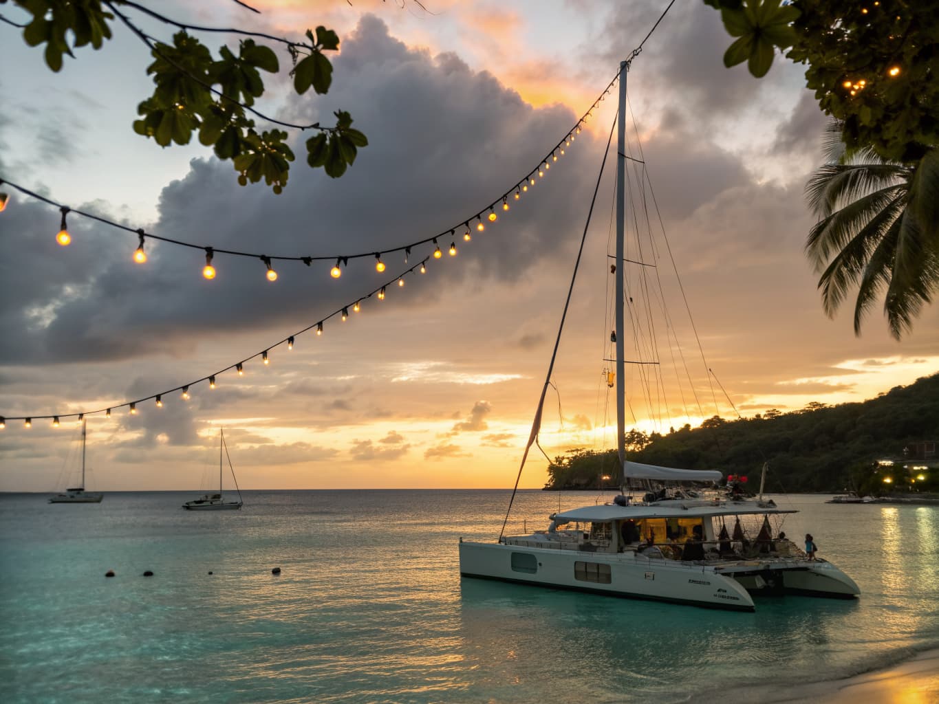Catamaran anchored in turquoise Caribbean water at sunset with string lights overhead