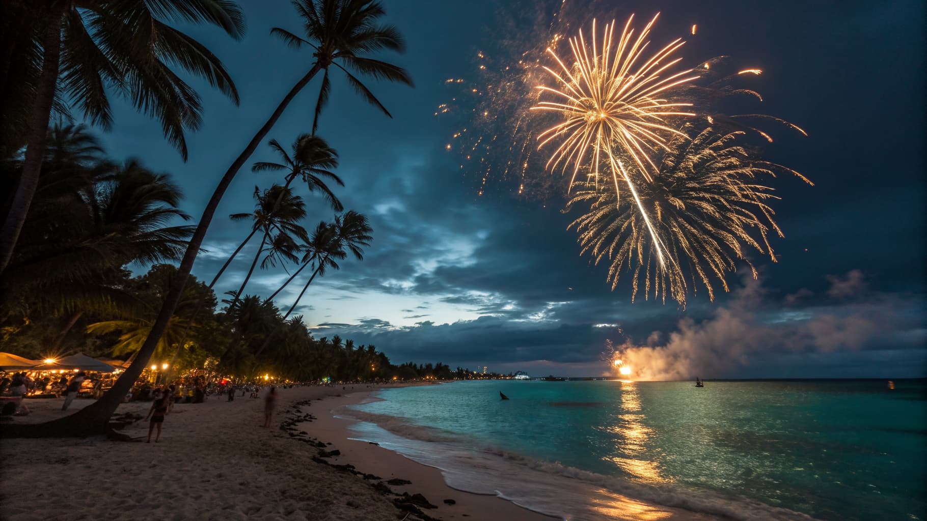Fireworks exploding over a turquoise Caribbean beach lined with palm trees on New Year's Eve in the Dominican Republic