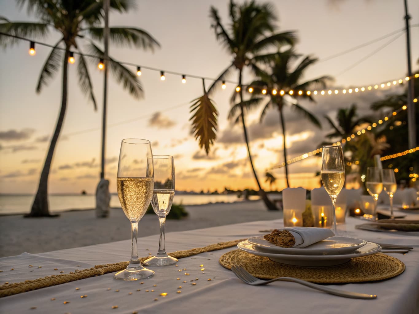Beachfront New Year's Eve gala dinner table with champagne glasses and string lights at sunset in the Caribbean