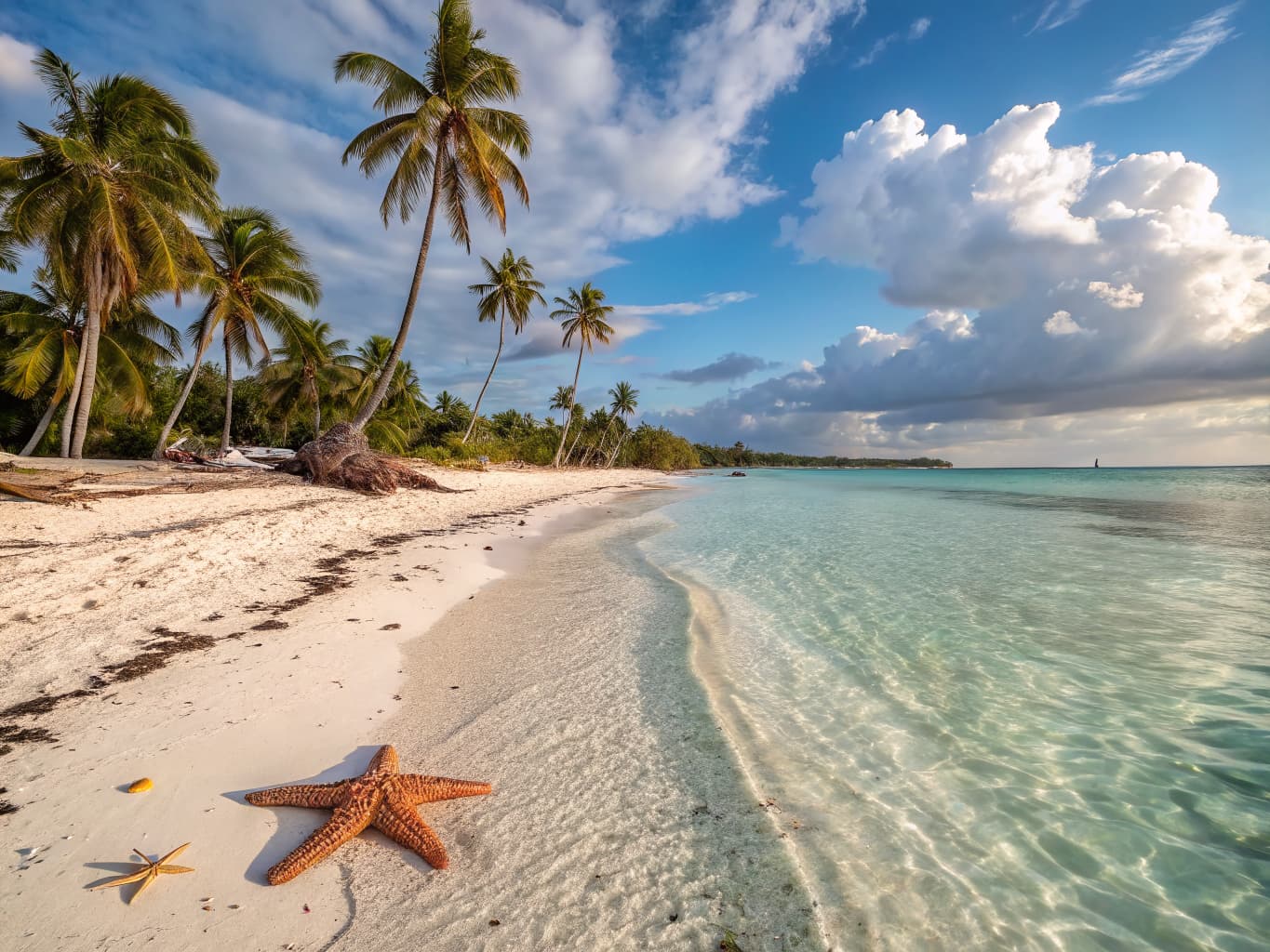 Pristine Saona Island beach with starfish, white sand, and crystal-clear turquoise water