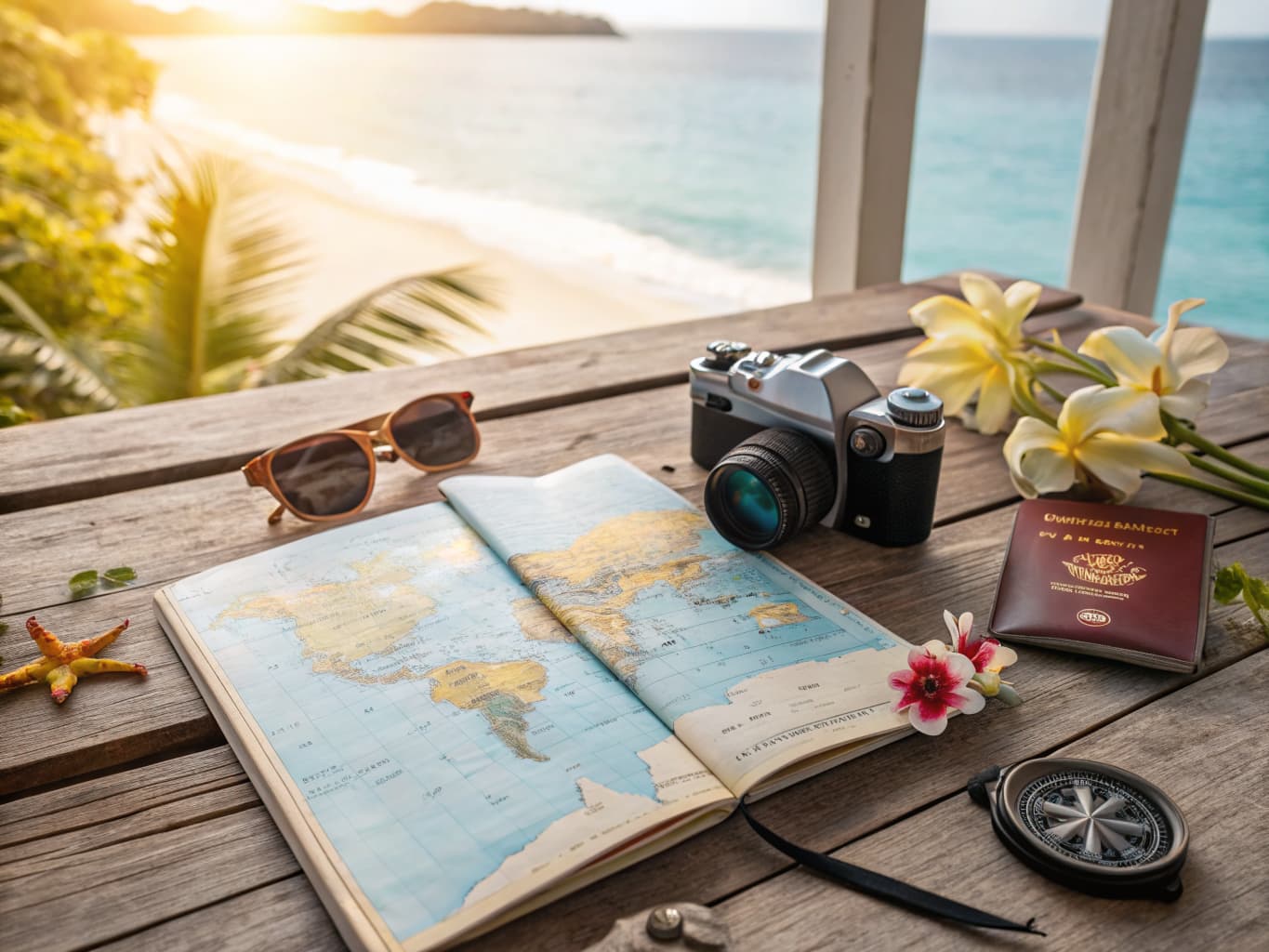 Travel planning scene with world map, camera, passport, and tropical accessories on a wooden table overlooking the Caribbean sea