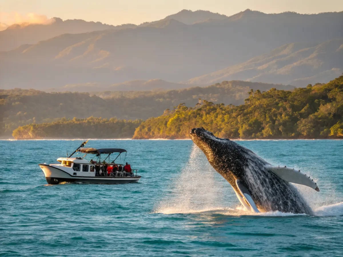 Dominican Republic vacation whale watching expedition in Samana Bay β humpback whales breaching in their natural Caribbean habitat